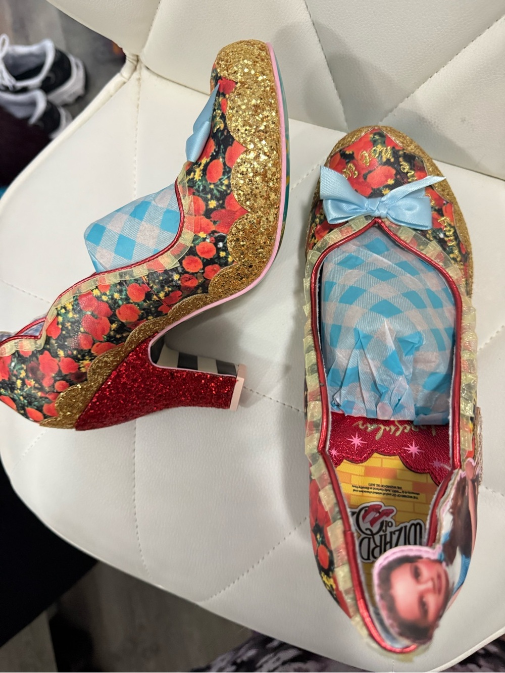 Whimsical Floral Glitter Heels in Red, Gold & Blue - Adult Dress Shoes Size 10